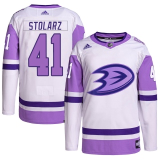 Men's Anthony Stolarz Anaheim Ducks Adidas Hockey Fights Cancer Primegreen Jersey - Authentic White/Purple