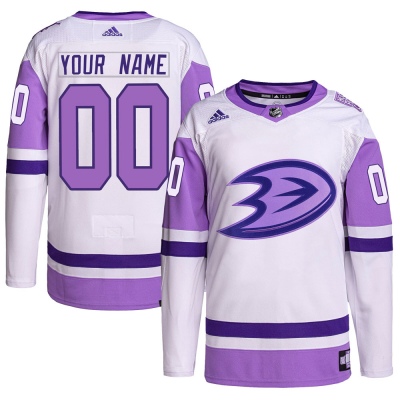 Men's Custom Anaheim Ducks Adidas Custom Hockey Fights Cancer Primegreen Jersey - Authentic White/Purple