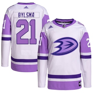 Men's Dan Bylsma Anaheim Ducks Adidas Hockey Fights Cancer Primegreen Jersey - Authentic White/Purple