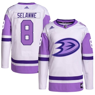 Youth Teemu Selanne Anaheim Ducks Adidas Hockey Fights Cancer Primegreen Jersey - Authentic White/Purple